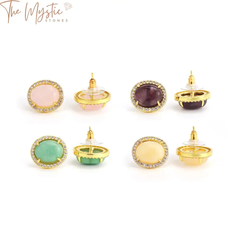 Elegant egg-shaped crystal stud earrings featuring natural stones set in a luxurious gold-colored base.