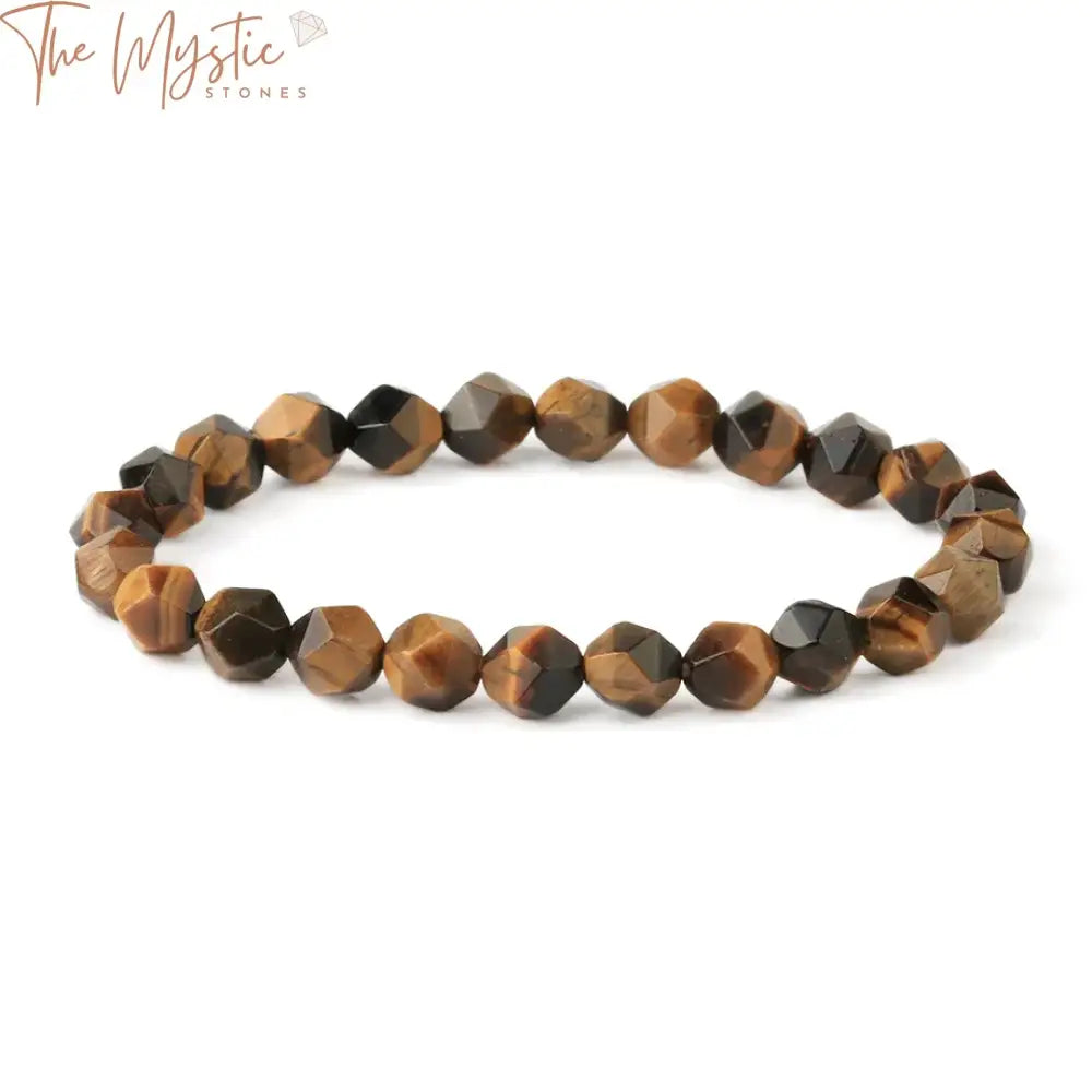 A faceted natural stone bracelet featuring varied beads including purple crystal, tiger eye, and blue sand stones.