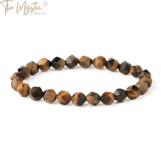 A faceted natural stone bracelet featuring varied beads including purple crystal, tiger eye, and blue sand stones.