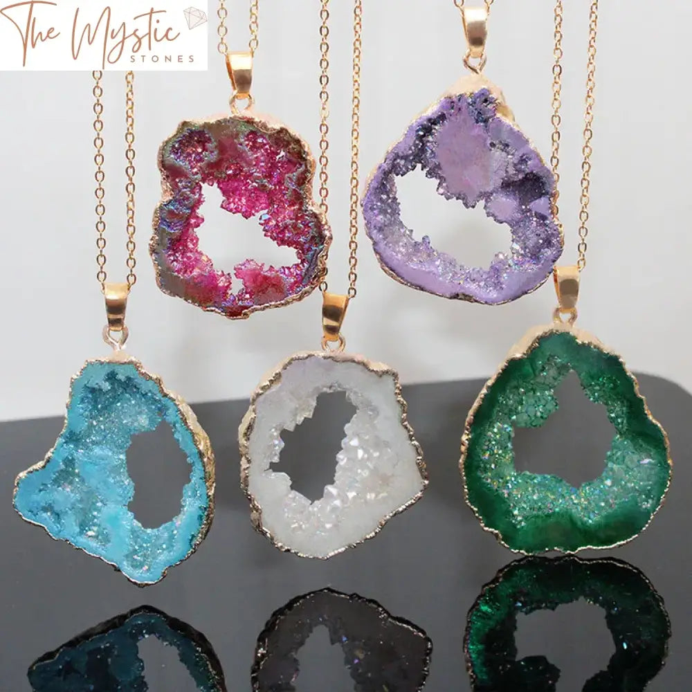 A collection of natural, irregularly-shaped druzy agate geode slice charms displayed against a neutral background.