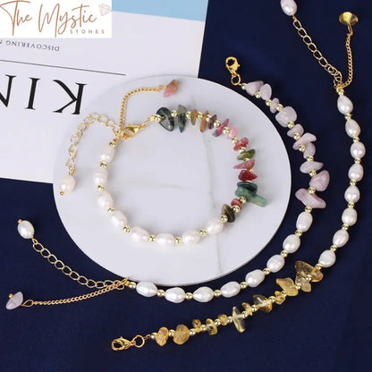 Elegant Reiki Crystal & Freshwater Pearl Bracelet - Gold Chain