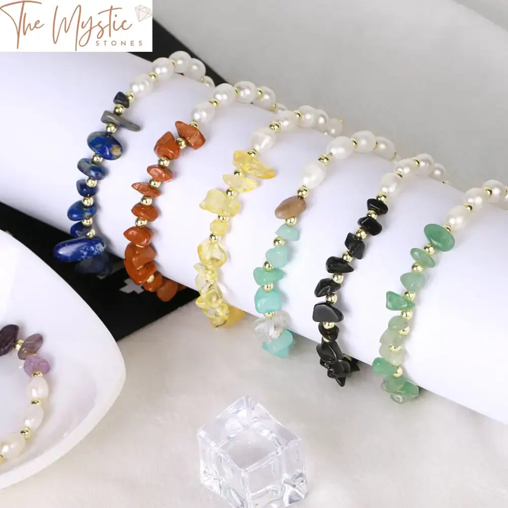 Elegant Reiki Crystal & Freshwater Pearl Bracelet - Gold Chain