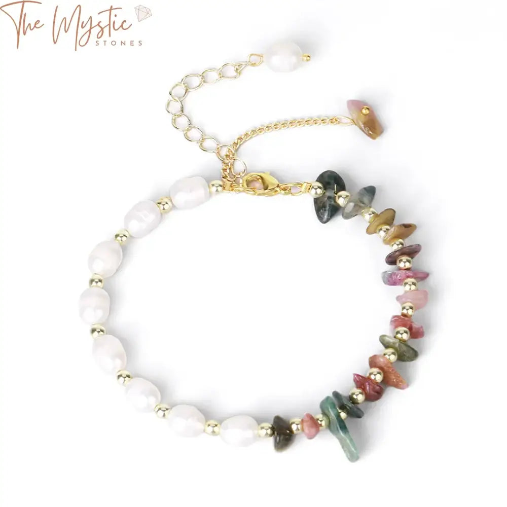 A trendy bracelet featuring natural chip crystal stones in various colors interspersed with freshwater pearls.