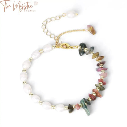 A trendy bracelet featuring natural chip crystal stones in various colors interspersed with freshwater pearls.