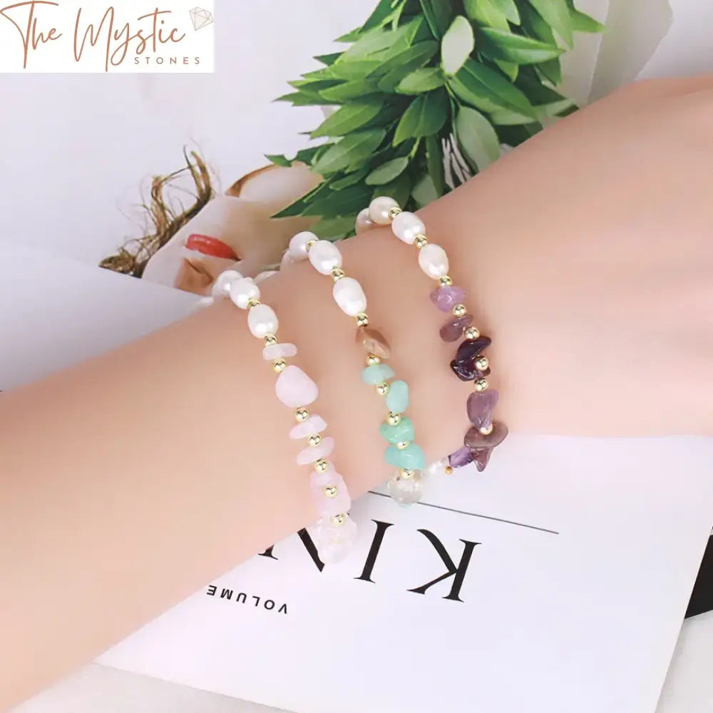 Elegant Reiki Crystal & Freshwater Pearl Bracelet - Gold Chain