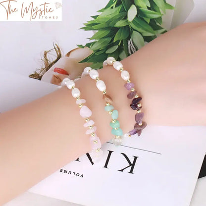 Elegant Reiki Crystal & Freshwater Pearl Bracelet - Gold Chain