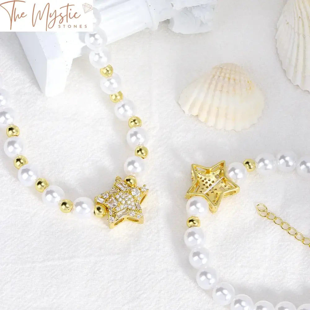 Elegant Star & Pearl Jewelry Set - Necklace And Bracelet