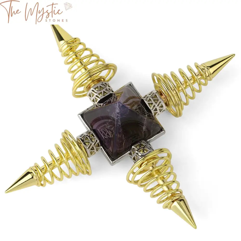 A collection of four crystal natural stone pyramids, each featuring a central spiral pendulum design.