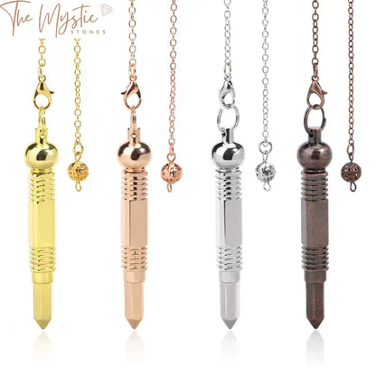 A collection of various metal shuttle pendulums displayed on a plain background.