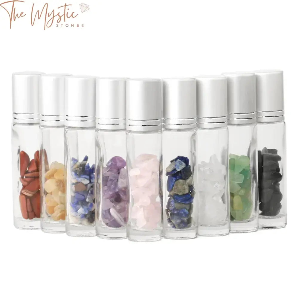 A 10ml glass bottle filled with refillable essential oil, featuring a roller ball top for easy application.