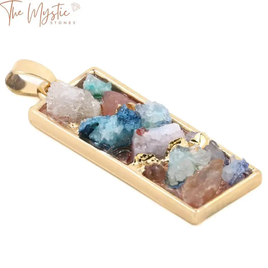 A stunning necklace featuring a vibrant druzy crystal stone pendant in shimmering hues of purple, blue, and green.