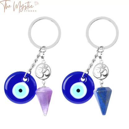 A collection of colorful crystal keychains featuring the iconic Turkish evil eye symbol.