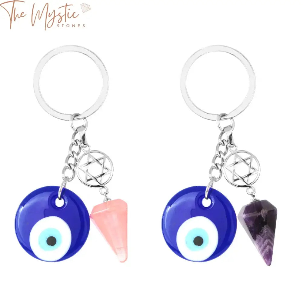 A collection of Reiki Evil Eye keychains featuring natural crystal stones.