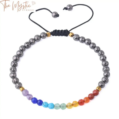 A 7-inch adjustable bracelet featuring 5mm faceted tiny beads crafted from natural stones representing the seven chakras.