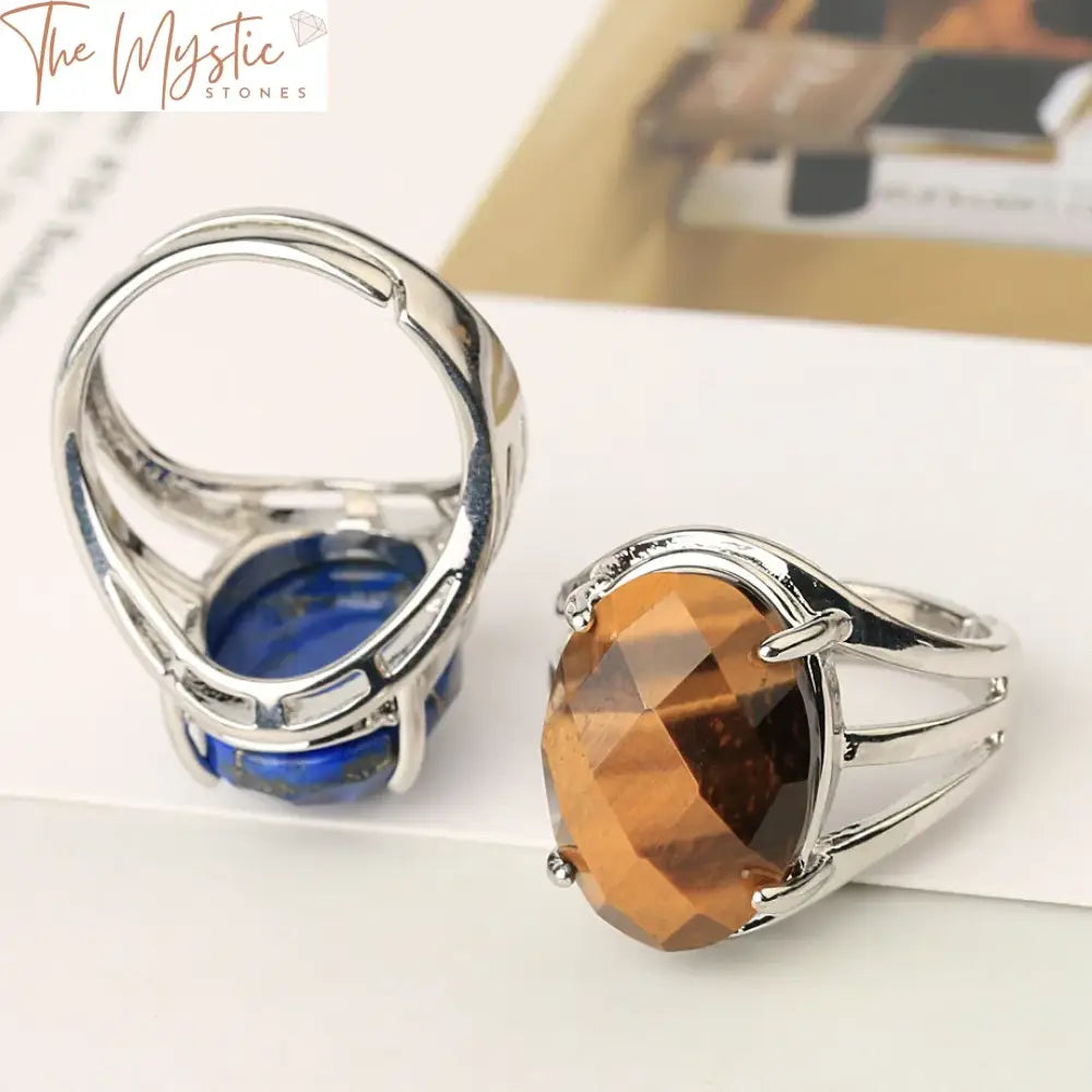 Faceted Egg-Shaped Lapis Crystal Ring - Adjustable Silver Band