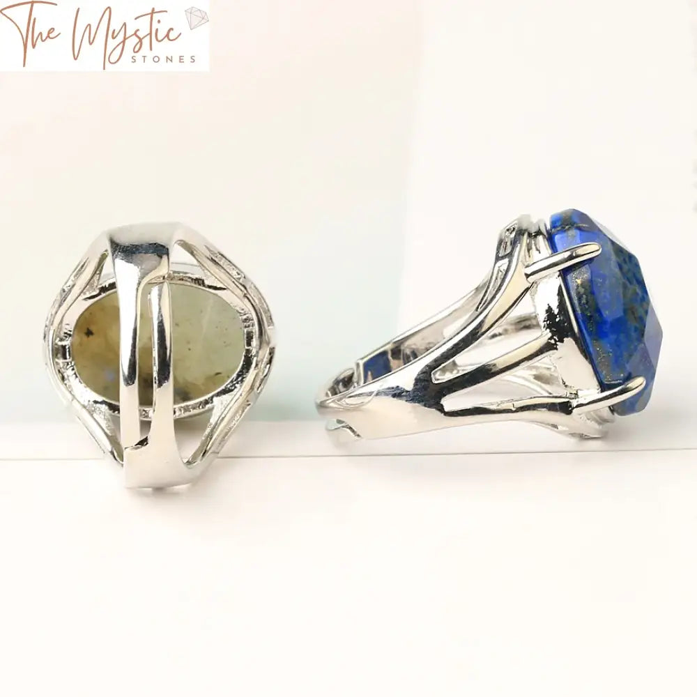 Faceted Egg-Shaped Lapis Crystal Ring - Adjustable Silver Band