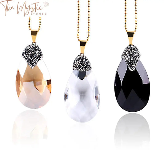 Faceted Glass Crystal Drop Pendant Necklace - White Champagne & Black