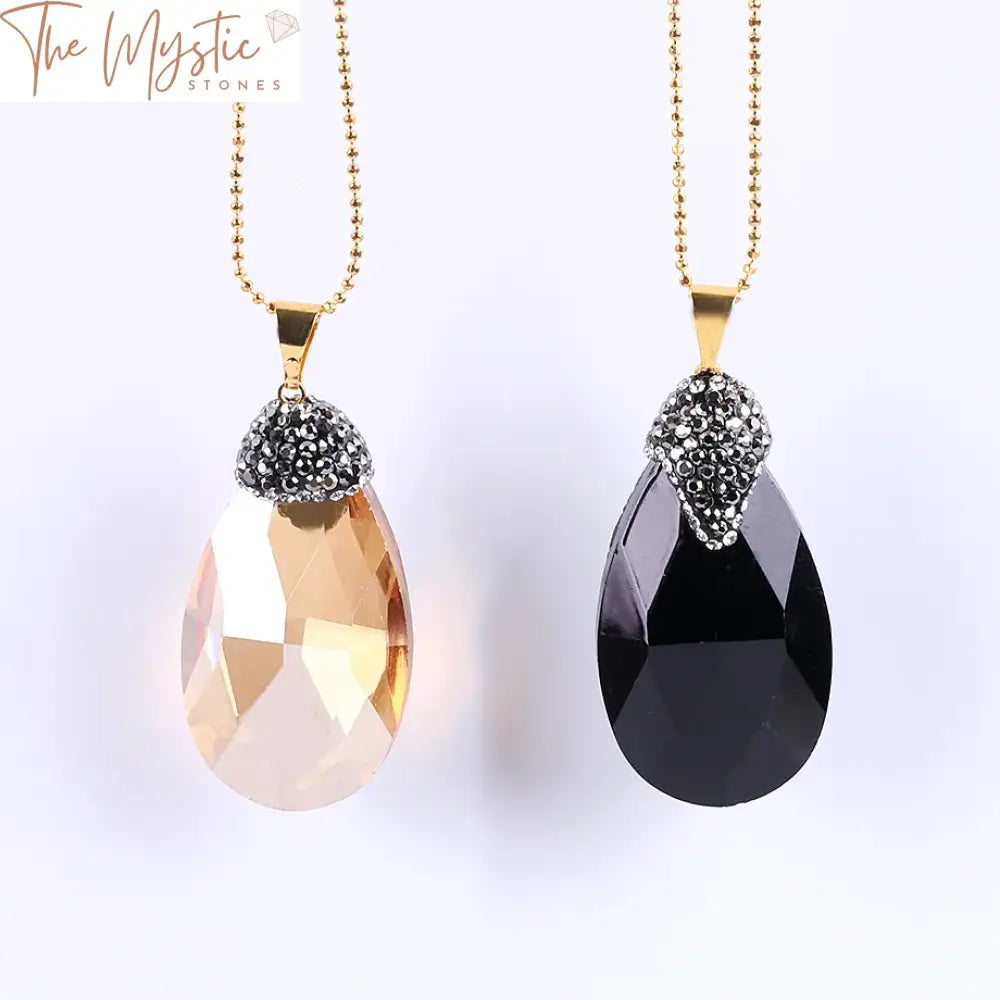 Faceted Glass Crystal Drop Pendant Necklace - White Champagne & Black