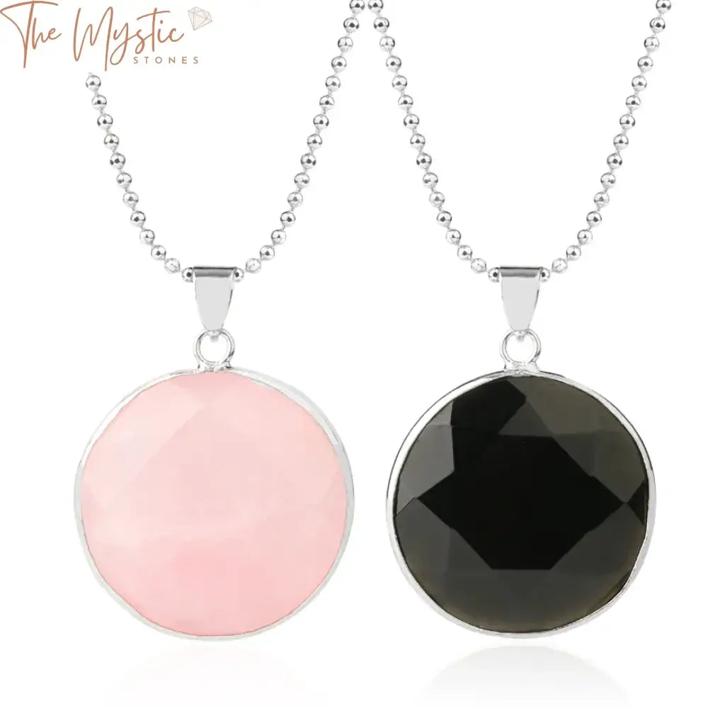 A round, multifaceted natural crystal pendant measuring 26mm is displayed on a necklace.