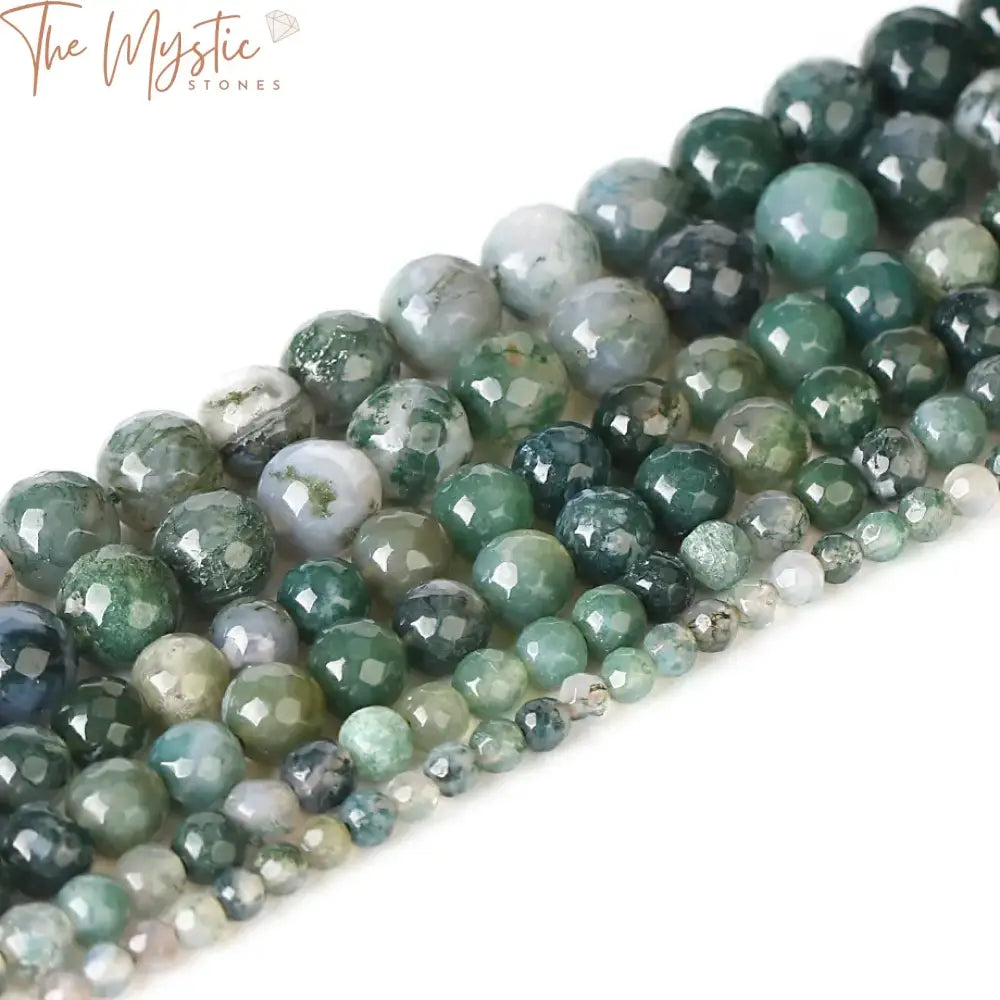 A collection of natural stone beads in various sizes, including 4mm, 6mm, 8mm, and 10mm, made from faceted moss agate stones.