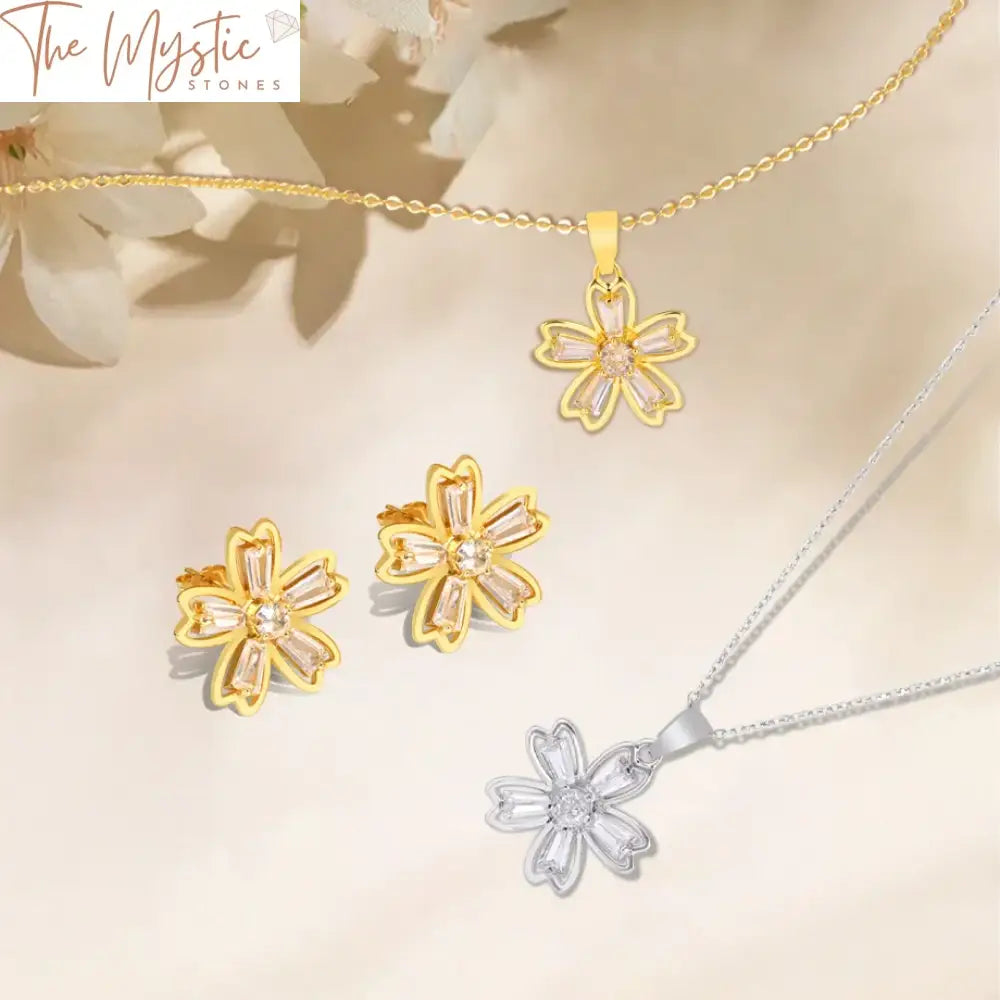 Five Leaf Flower Pendant & Earrings Set - Silver/Gold