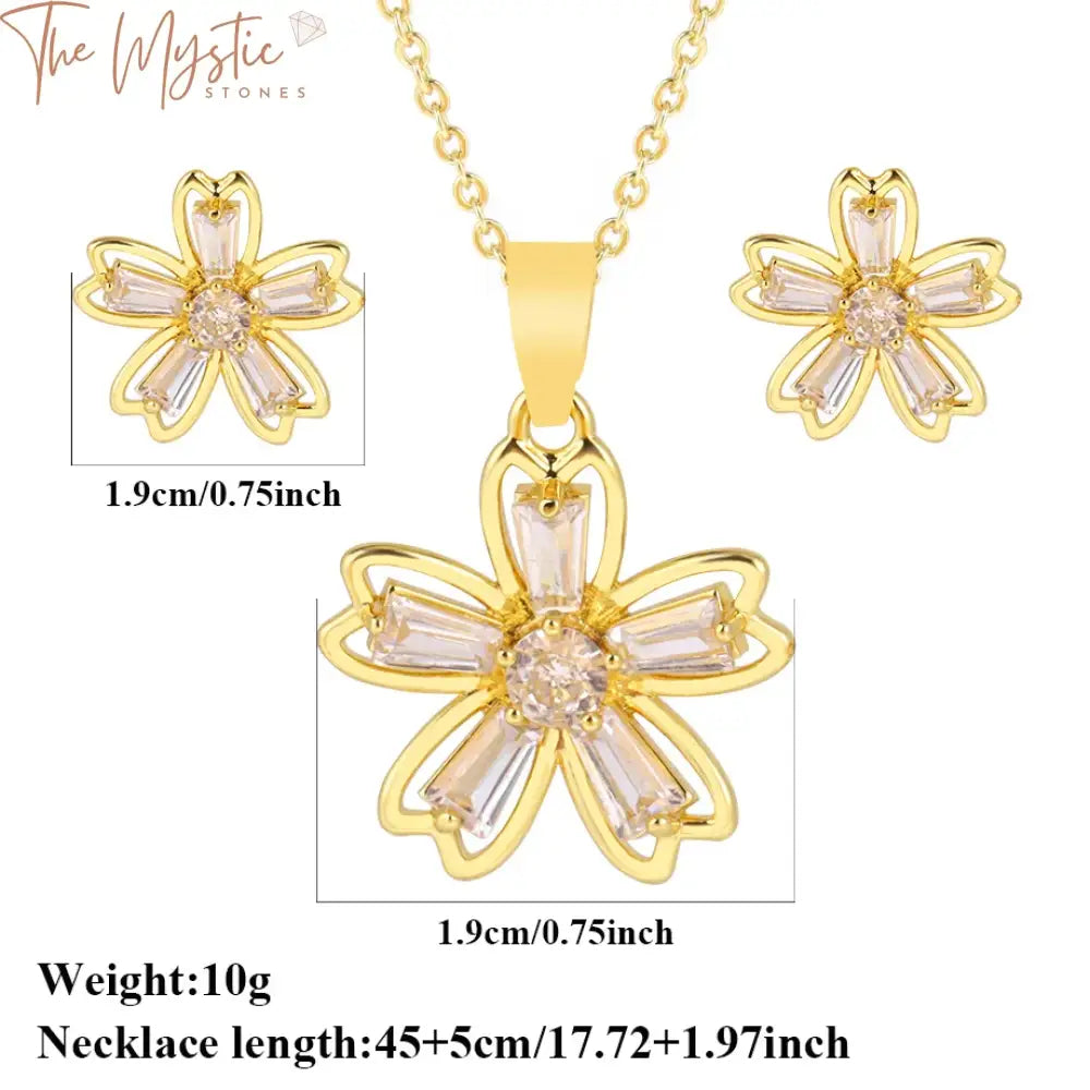 Five Leaf Flower Pendant & Earrings Set - Silver/Gold