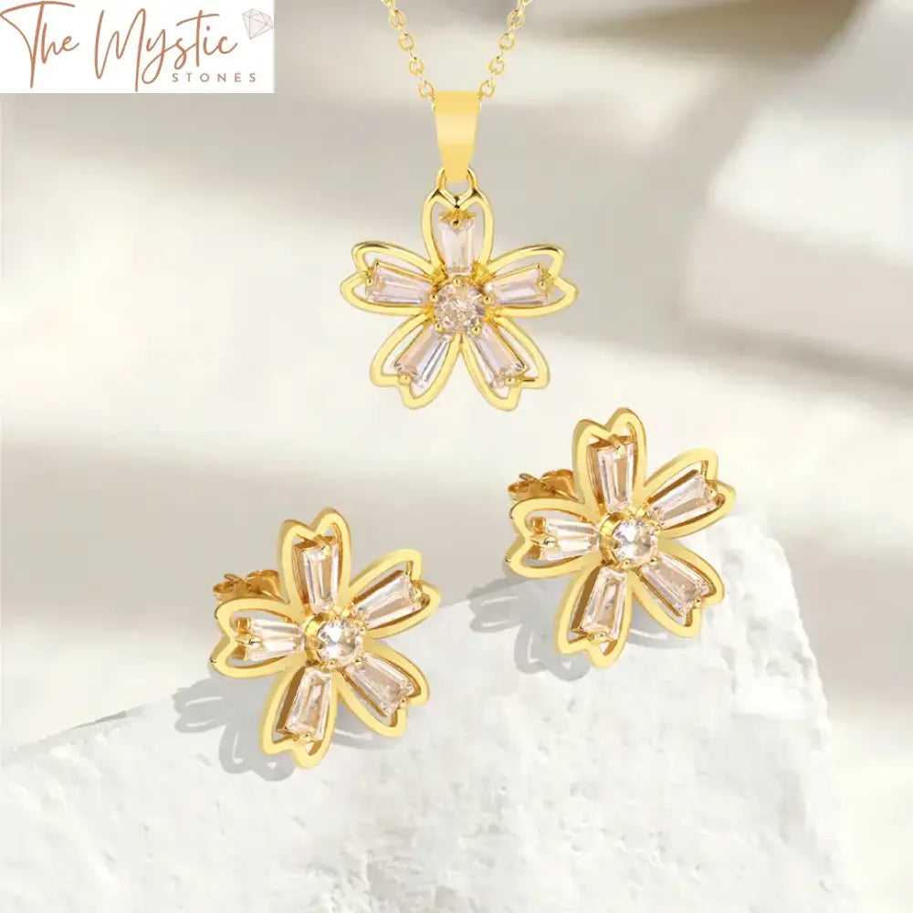 Five Leaf Flower Pendant & Earrings Set - Silver/Gold