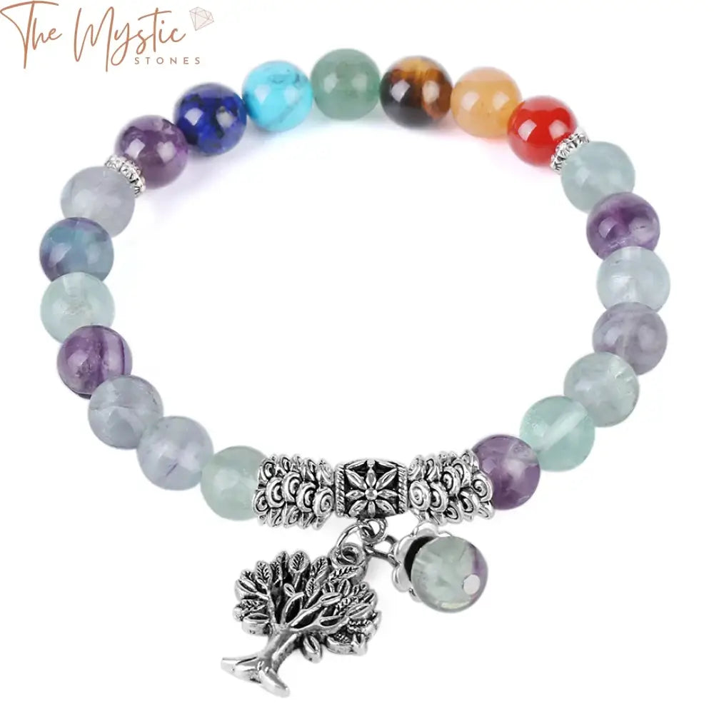 A collection of 8mm fluorite natural stone beaded bracelets displayed on a serene background.