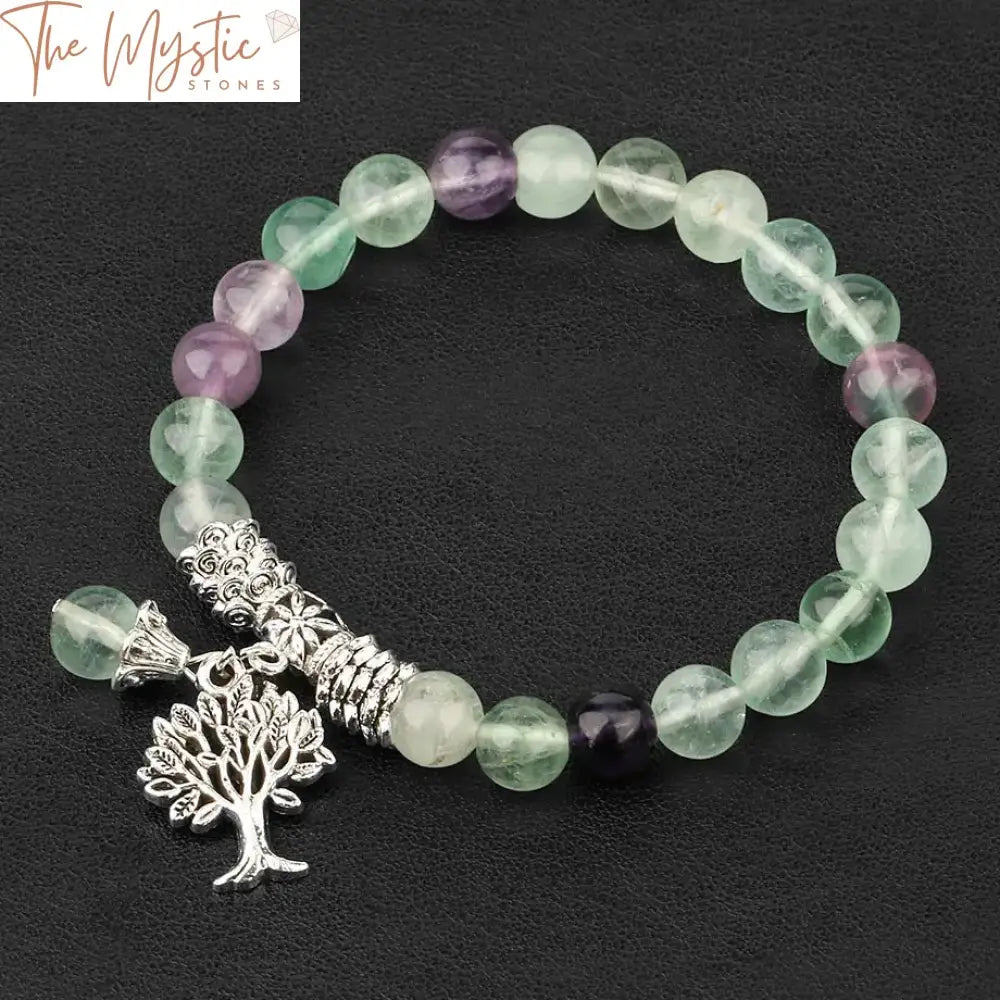 Fluorite Mala Beaded Bracelet With Silver Tree Charm