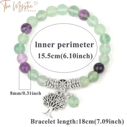 Fluorite Mala Beaded Bracelet With Silver Tree Charm