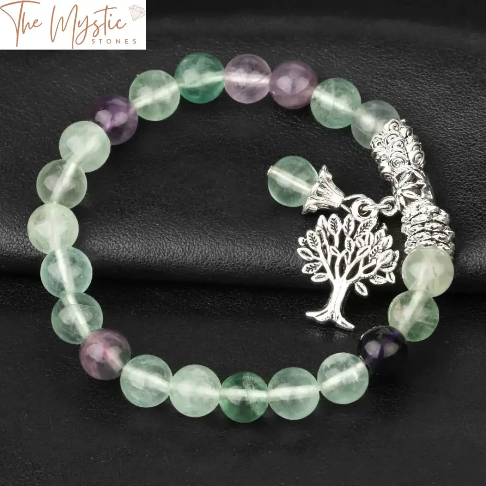 Fluorite Mala Beaded Bracelet With Silver Tree Charm