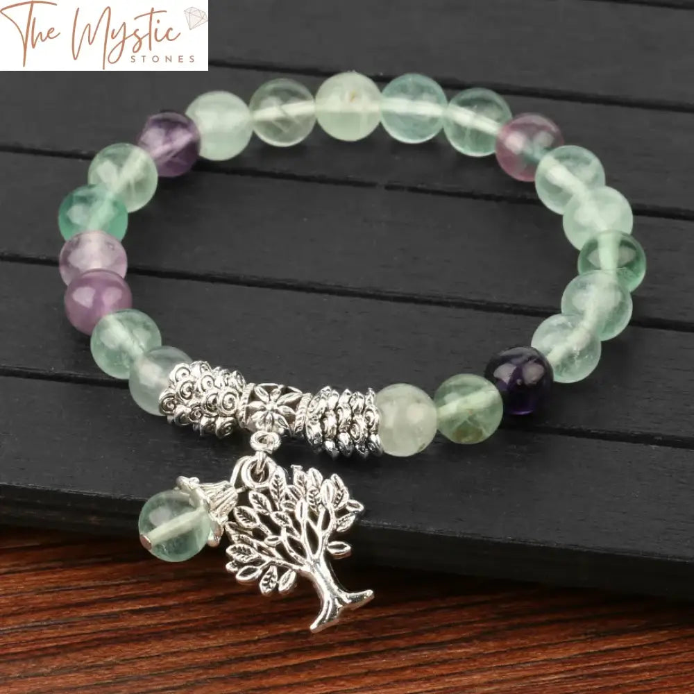 Fluorite Mala Beaded Bracelet With Silver Tree Charm