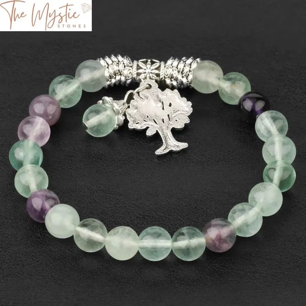 Fluorite Mala Beaded Bracelet With Silver Tree Charm