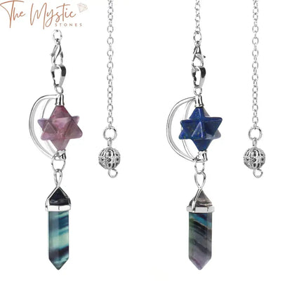 A hexagonal fluorite crystal pendulum with a vibrant mix of purple, green, and translucent hues, suspended by a silver chain.