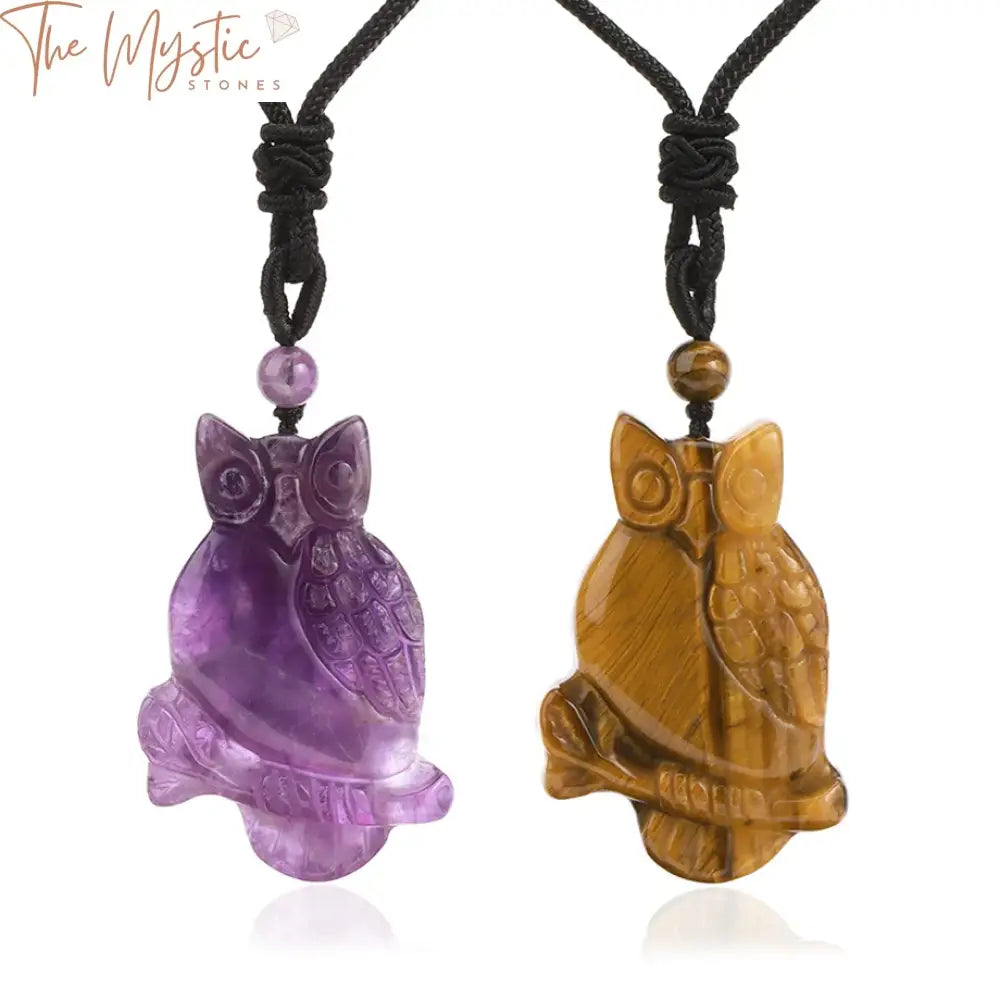 A natural stone owl pendant hangs from a necklace, intricately carved from fluorite crystal.