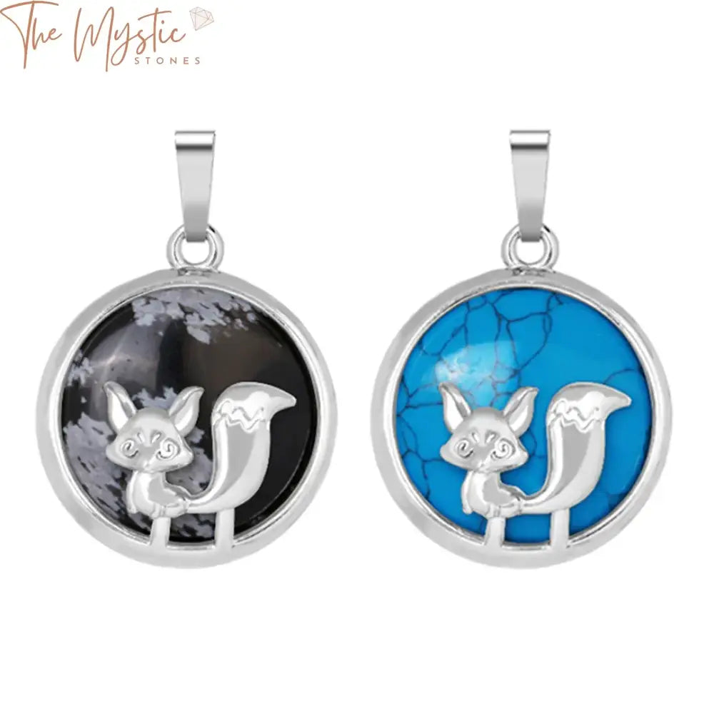 A natural stone crystal pendant shaped like a round cabochon featuring a cute fox animal charm at the center.