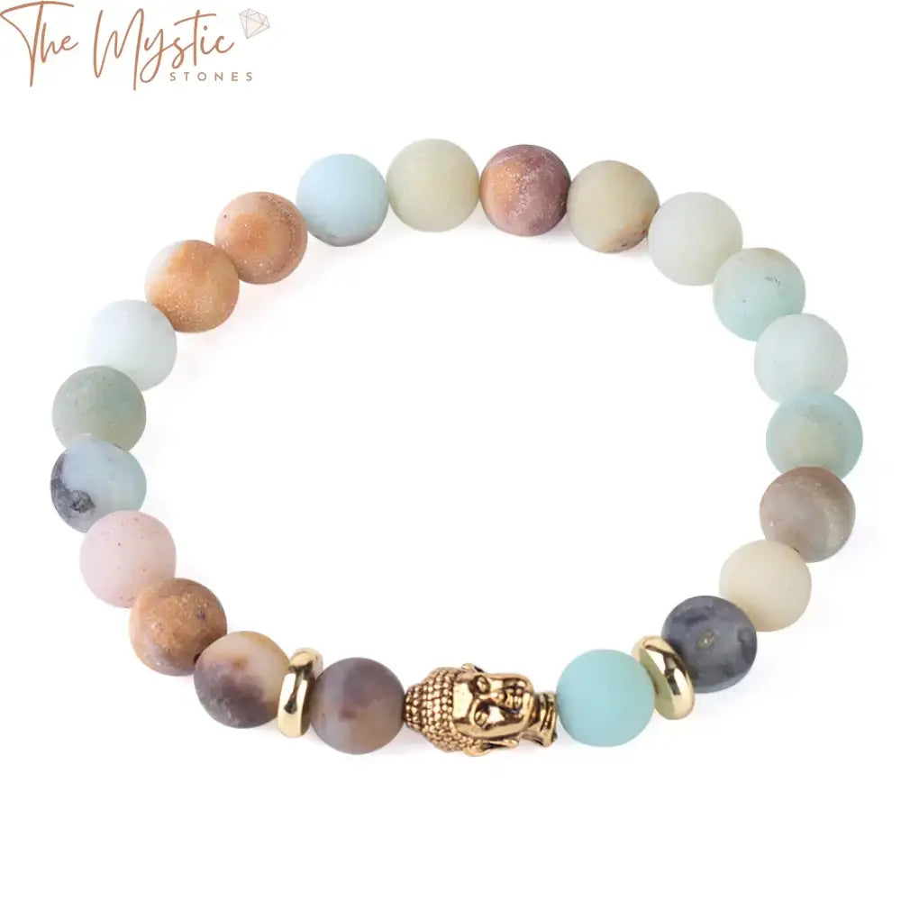 A bracelet made of 8mm natural stone beads, featuring frosted Amazonite mala beads.