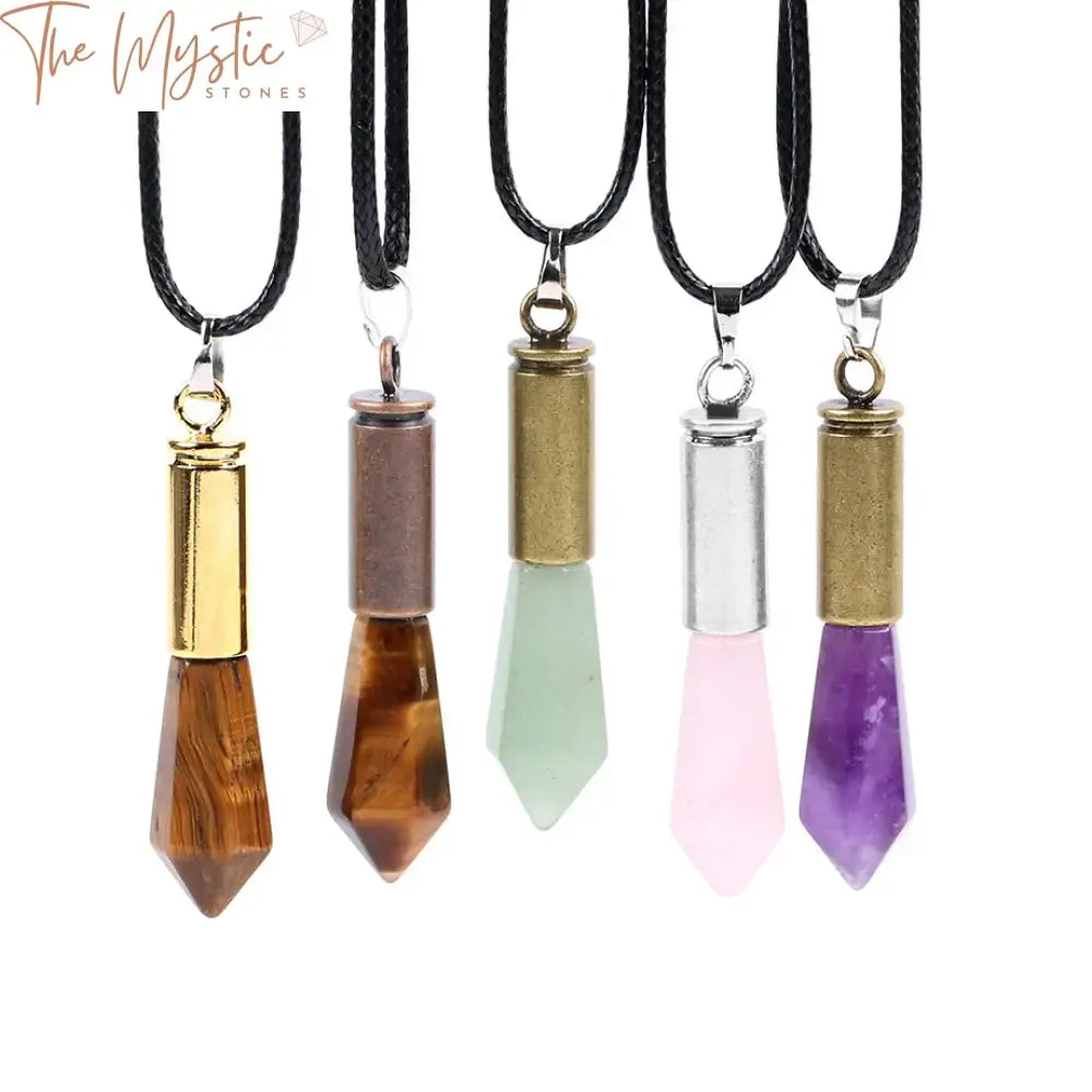 A collection of natural gemstone pendulum necklaces and pendants is displayed.