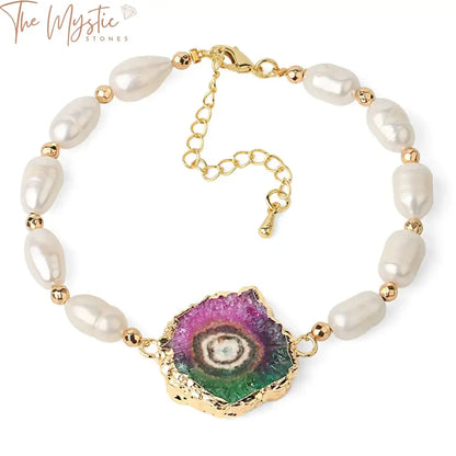 A collection of elegant stone pearl bracelets featuring a variety of colorful geode druzy crystals.