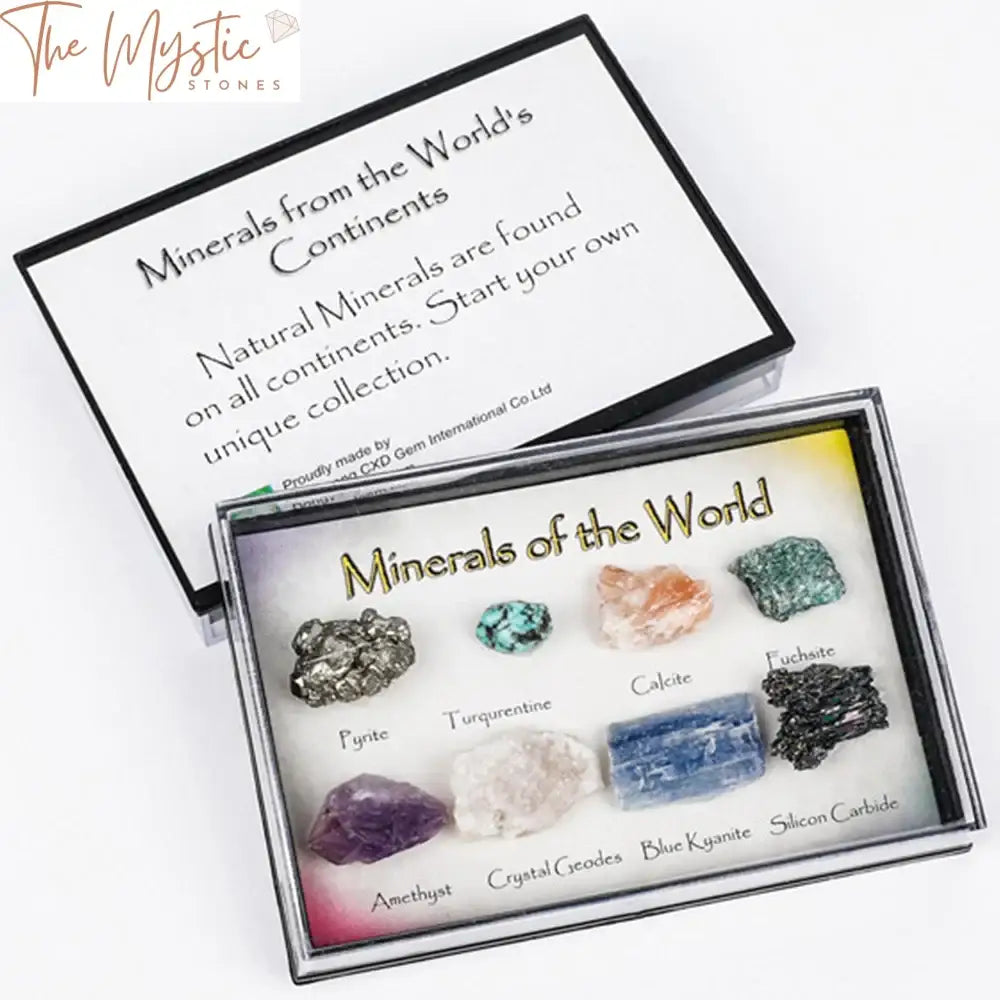 A neatly arranged set of 8 distinct natural gemstones and crystals displayed in an open box.