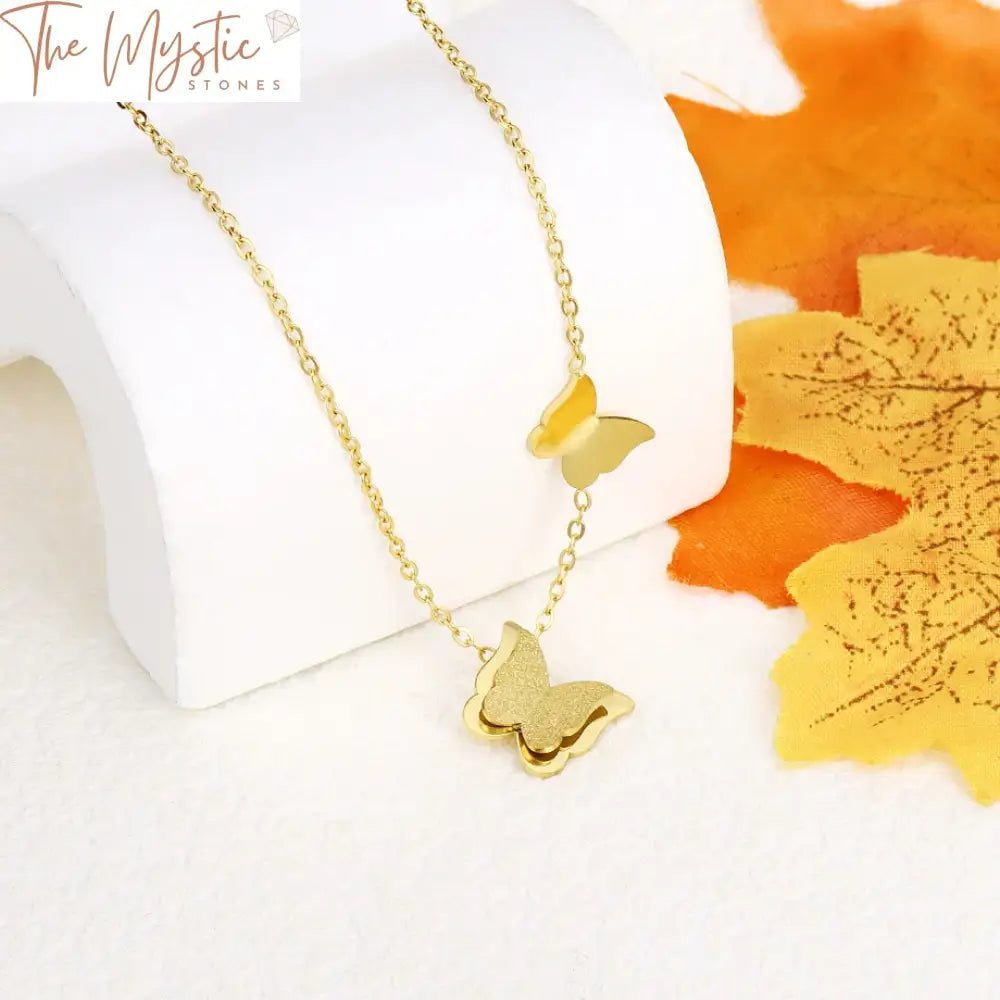 Gold Butterfly Heart Charm Double Layer Necklace