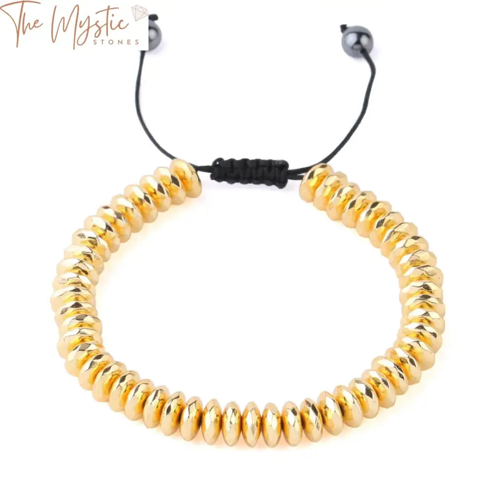 A collection of elegant bracelets featuring natural stone magnetic hematite beads with a gold color coating.