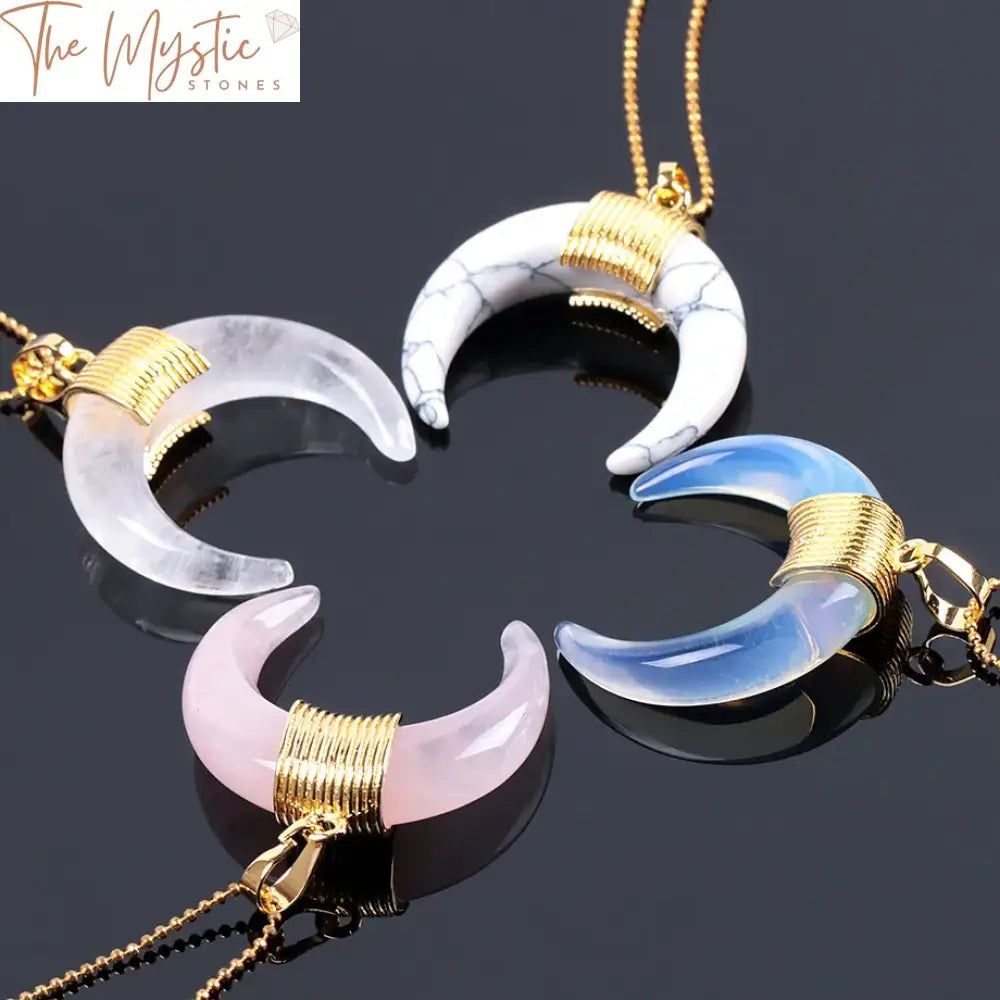 Gold Crescent Moon Stone Pendant Necklace