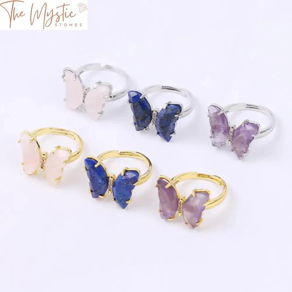 Gold Crystal Butterfly Ring With Natural Gemstones