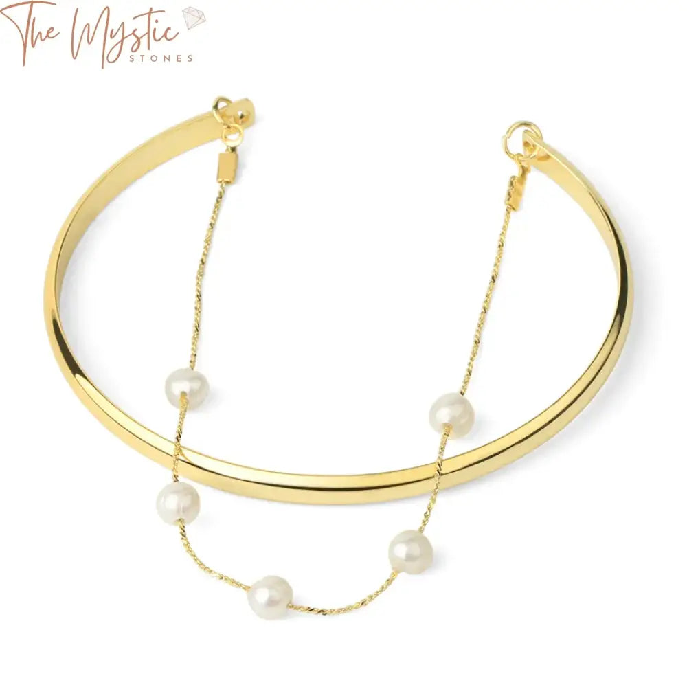 A collection of elegant 4mm cuff bracelets featuring natural pearls and a sleek gold color chain design.