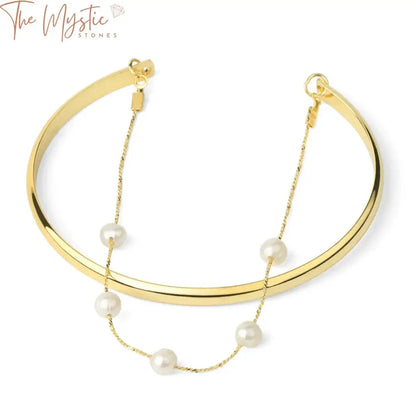 A collection of elegant 4mm cuff bracelets featuring natural pearls and a sleek gold color chain design.