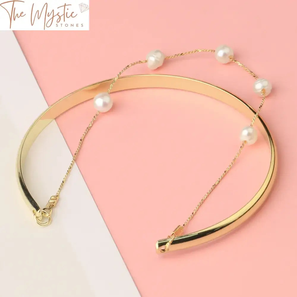 Gold Cuff Bracelet With 4Mm Natural Pearls