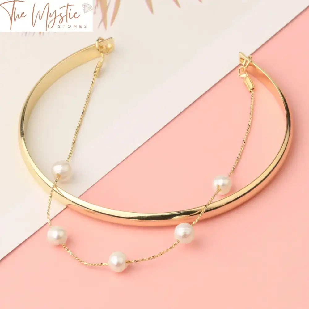 Gold Cuff Bracelet With 4Mm Natural Pearls