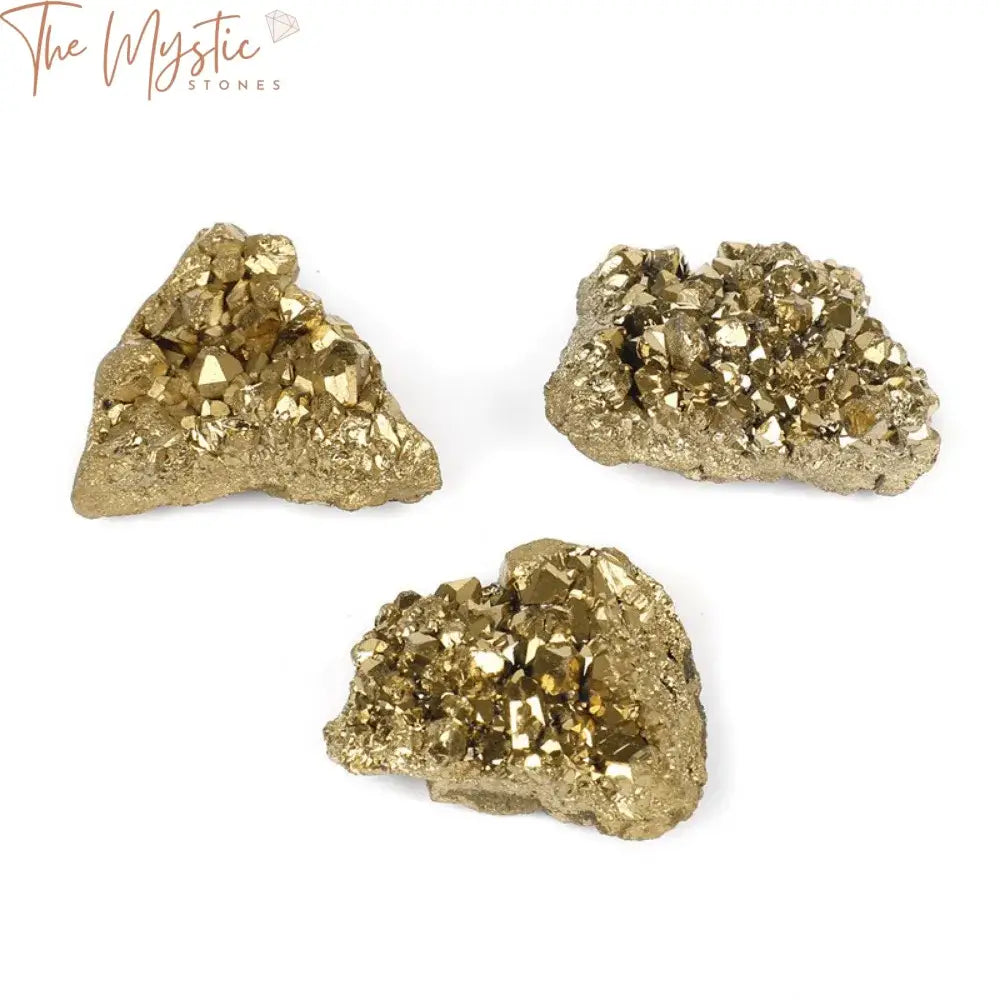 A cluster of natural agate geode stones with an electroplated gold finish, showcasing their raw, irregular forms.