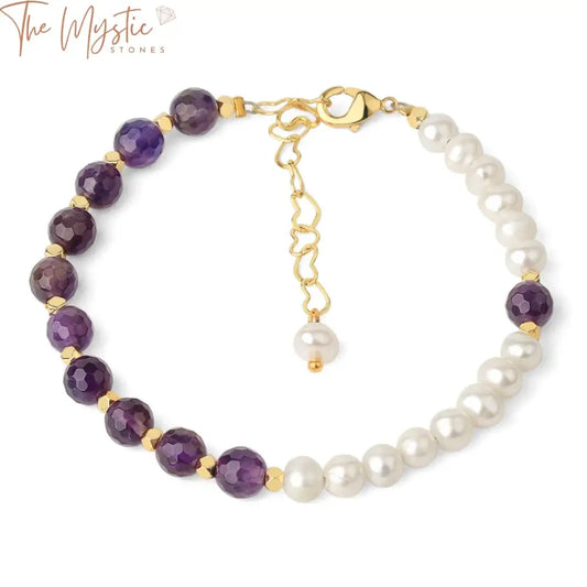 A collection of crystal pearl bracelets featuring gold-colored heart link chains and faceted gemstones.